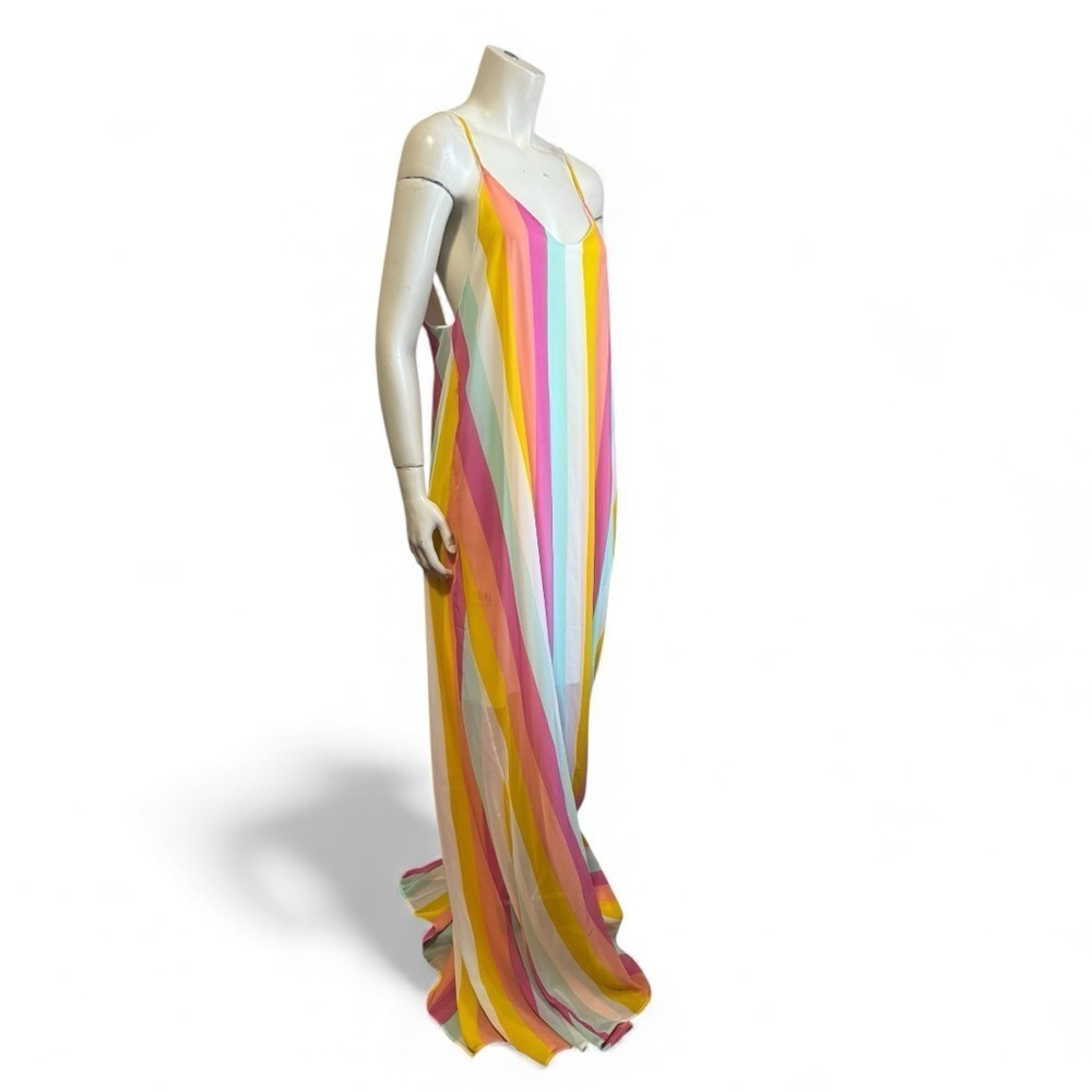 Pastel Rainbow Stripe Maxi Dress Low Back Resort Glam Vacation Cover Up Medium - Picture 5 of 14